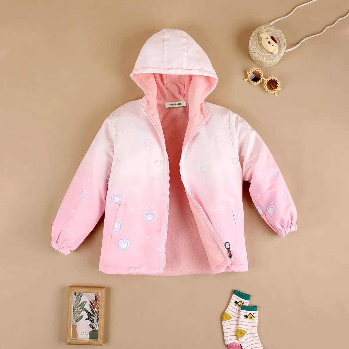 Girls Pink Heart Printed Reversible Hooded Zipper Jacket Coats & Jackets
