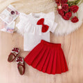 Girls White Bow Applique Short Sleeve Top With Pleated Skirt Sets 2 pc. Sets White 2-3 Y