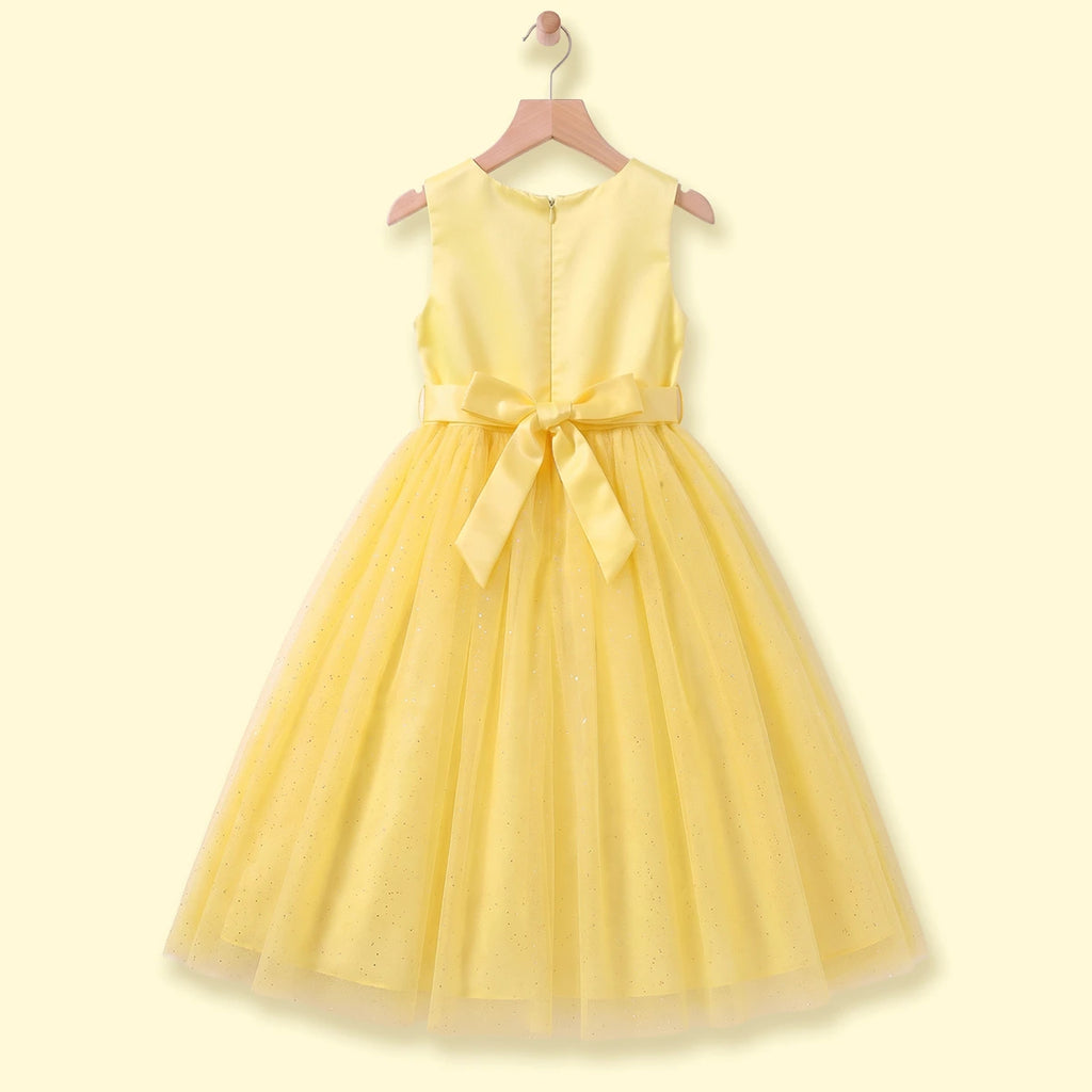 Girls Yellow Floral Applique Sleeveless Party Gown Party Dresses