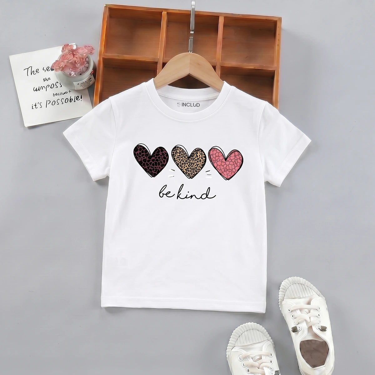 Girls White Heart Print Short Sleeve T-Shirt Tshirts White 2-3 Y
