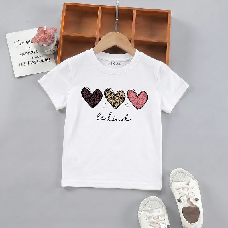 Girls White Heart Print Short Sleeve T-Shirt Tshirts White 2-3 Y