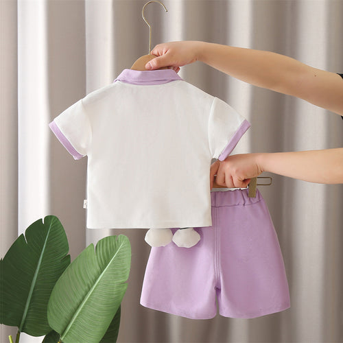 Boys Purple Cartoon Printed Applique Short Sleeves Polo T-Shirt With Shorts Set 2 pc. Sets
