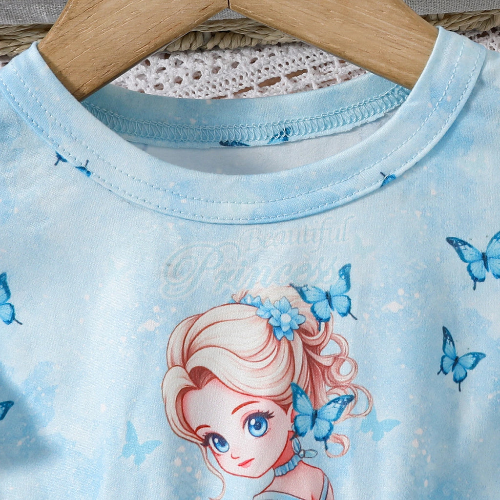 Girls Sky Blue Princess Printed Fit & Flare Dress Casual Dresses