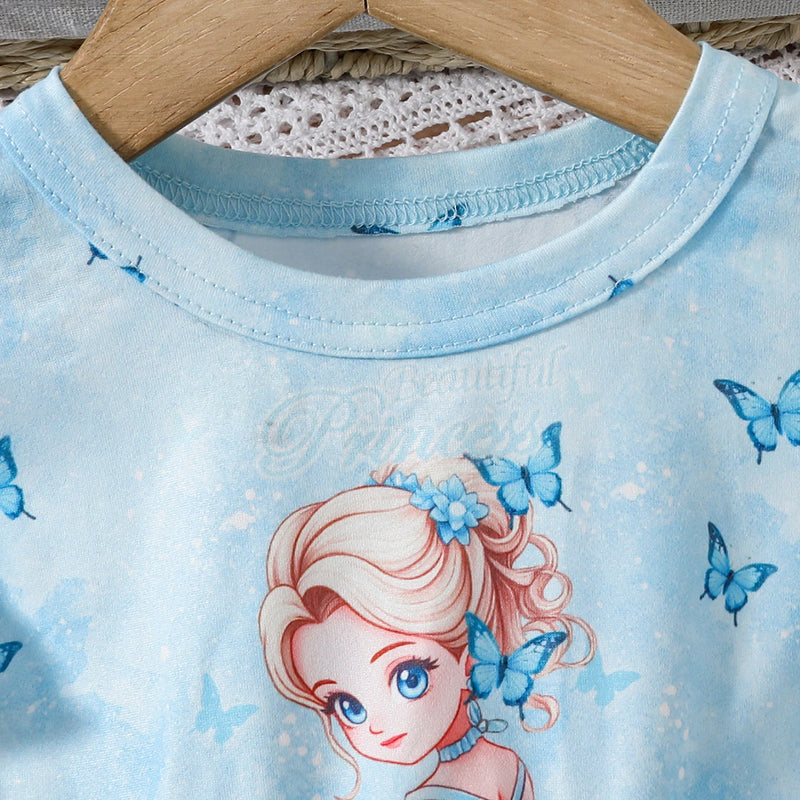 Girls Sky Blue Princess Printed Fit & Flare Dress Casual Dresses