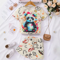 Girls Apricot Panda Printed Short Sleeves T-Shirt With Shorts Set Sets Apricot 3-4 Y