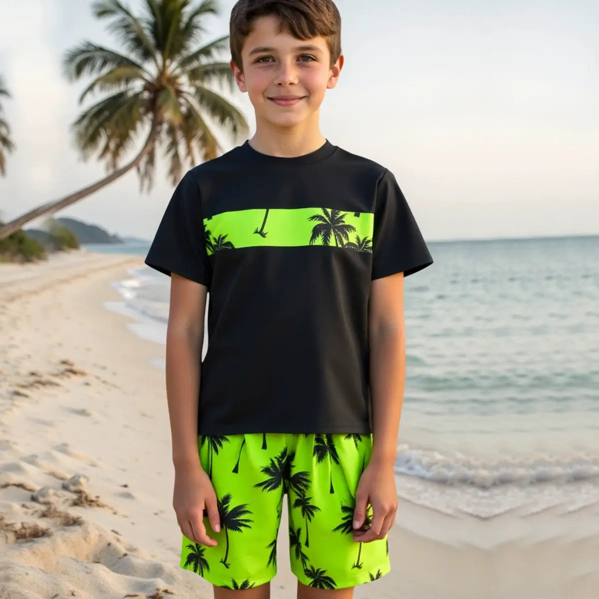 Boys Black Tropical Printed Short Sleeves T-Shirt & Shorts Swimsuit Sets Sets