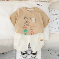 Boys Khaki Graphic Bear Printed T-Shirt With Cargo Shorts Set 2 pc. Sets Khaki 1-2 Y