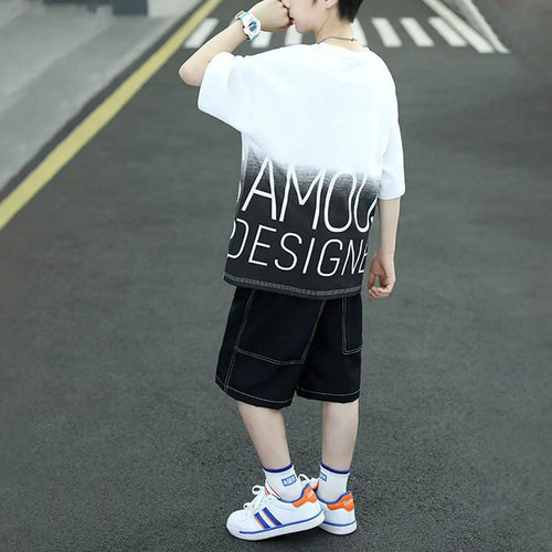 Boys White Typographic Printed Oversized T-Shirt With Shorts Set Sets