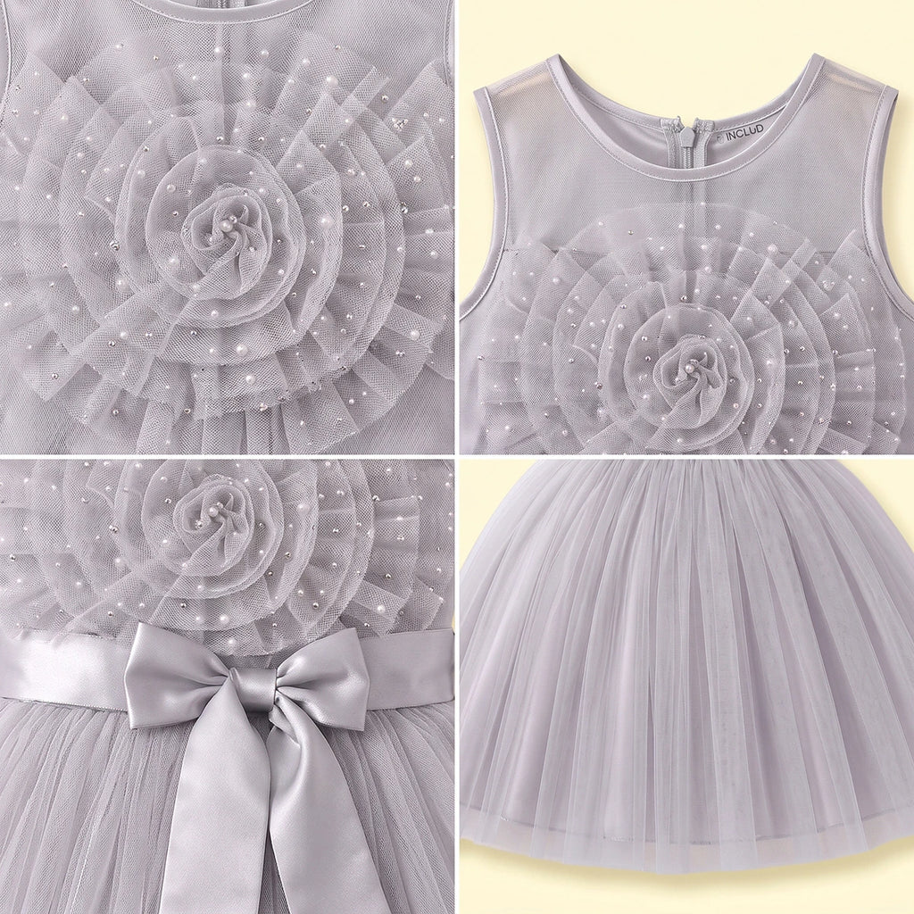 Girls Light Grey Floral Applique Party Gown Party Dresses