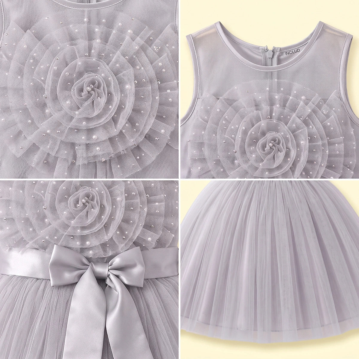 Girls Light Grey Floral Applique Party Gown Party Dresses