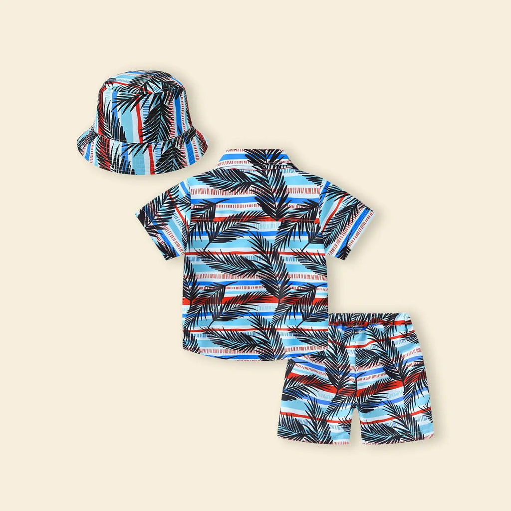 Boys Sky Blue Tropical Print Button-Down Shirt With Shorts & Hat Co-ord Sets Sets