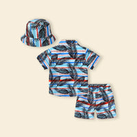 Boys Sky Blue Tropical Print Button-Down Shirt With Shorts & Hat Co-ord Sets Sets