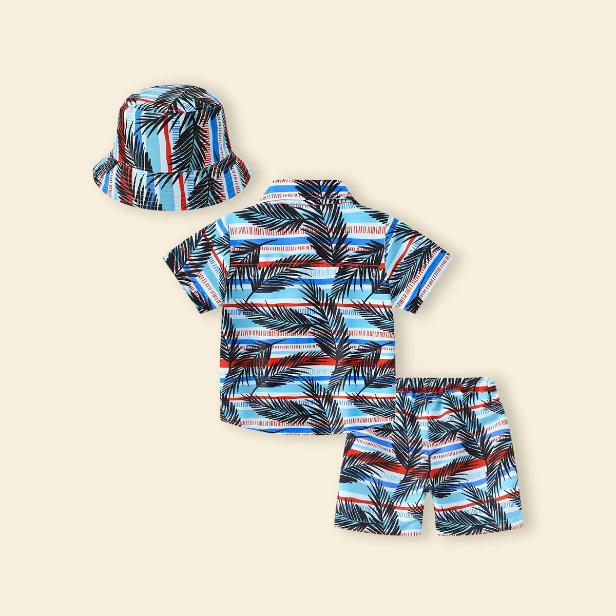 Boys Sky Blue Tropical Print Button-Down Shirt With Shorts & Hat Co-ord Sets Sets