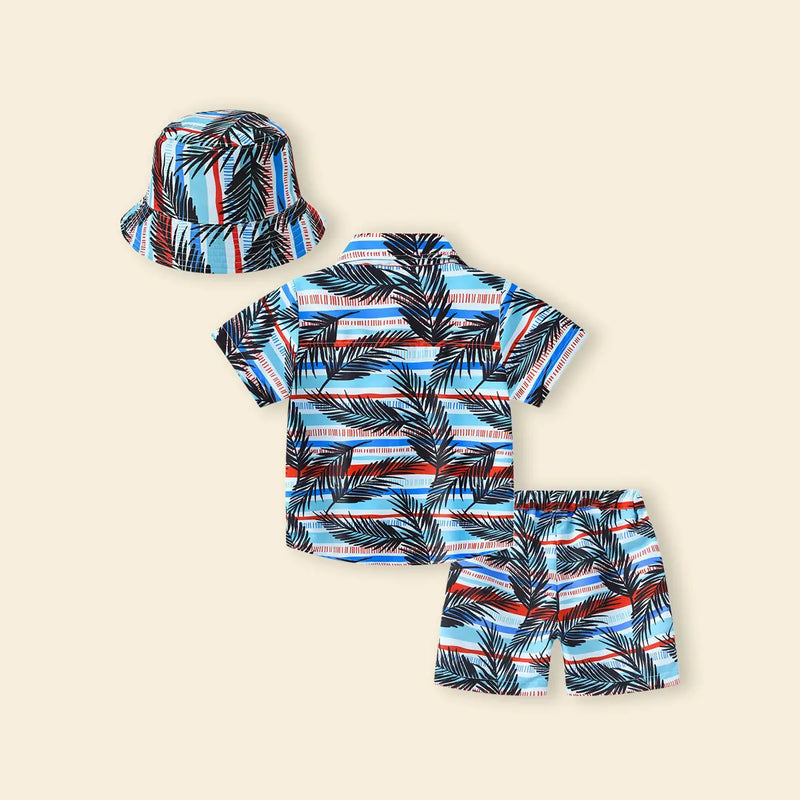 Boys Sky Blue Tropical Print Button-Down Shirt With Shorts & Hat Co-ord Sets Sets