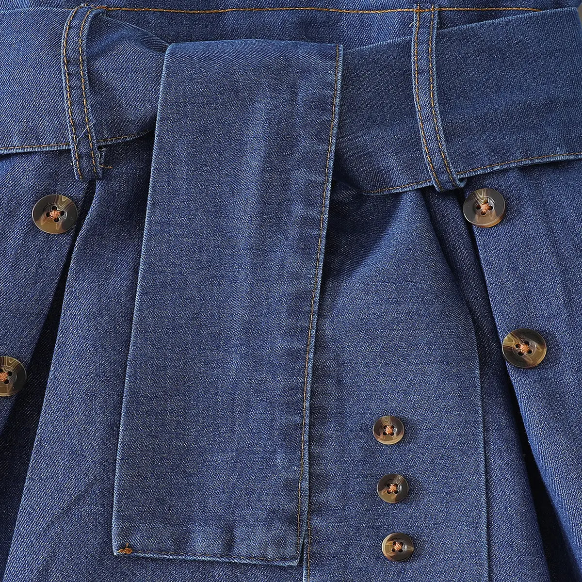 Girls Blue Short Sleeves Shelf Belted Shirt Dress Casual Dresses