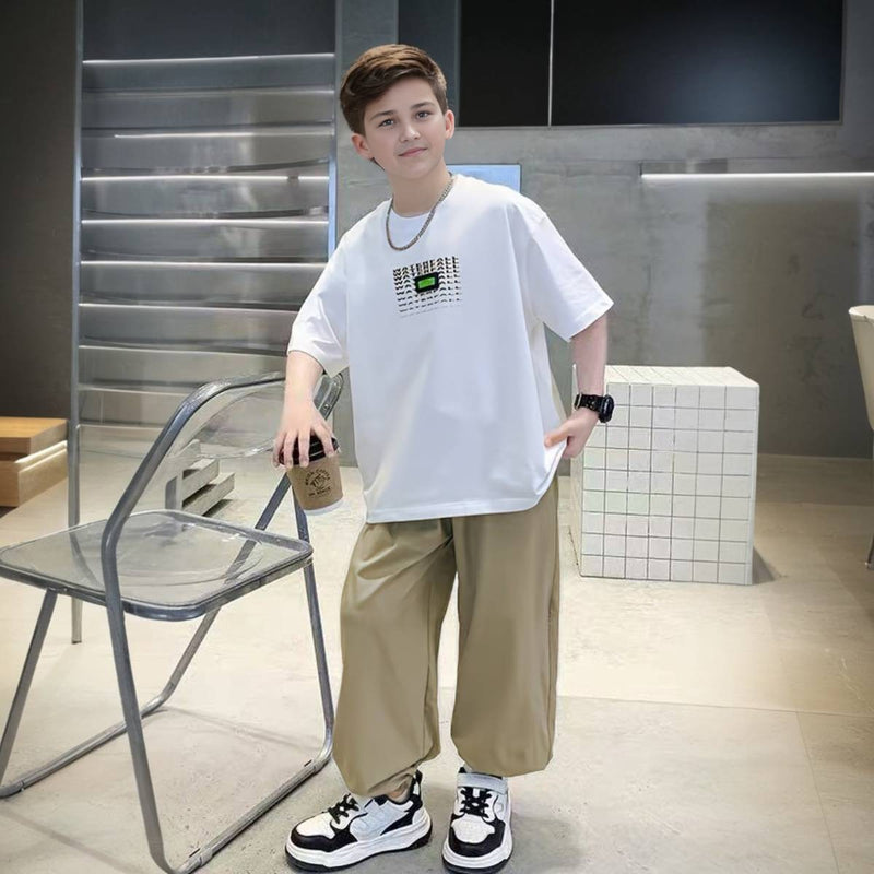 Boys White Abstract Printed Summer Oversized T-Shirt With Jogger Set 2 pc. Sets