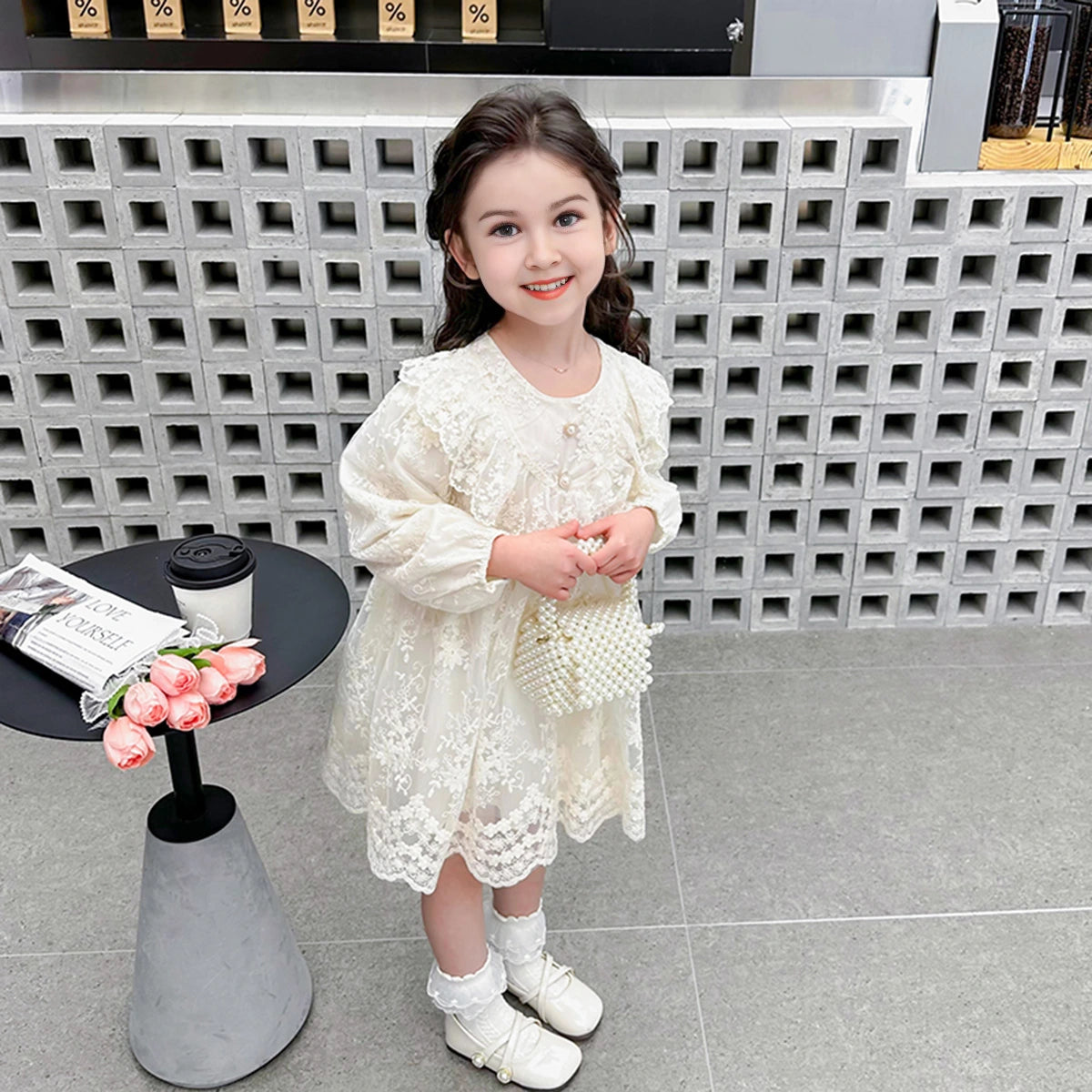 Girls Apricot Floral Embroidered Long Sleeves Party Wear Dress Party Dresses