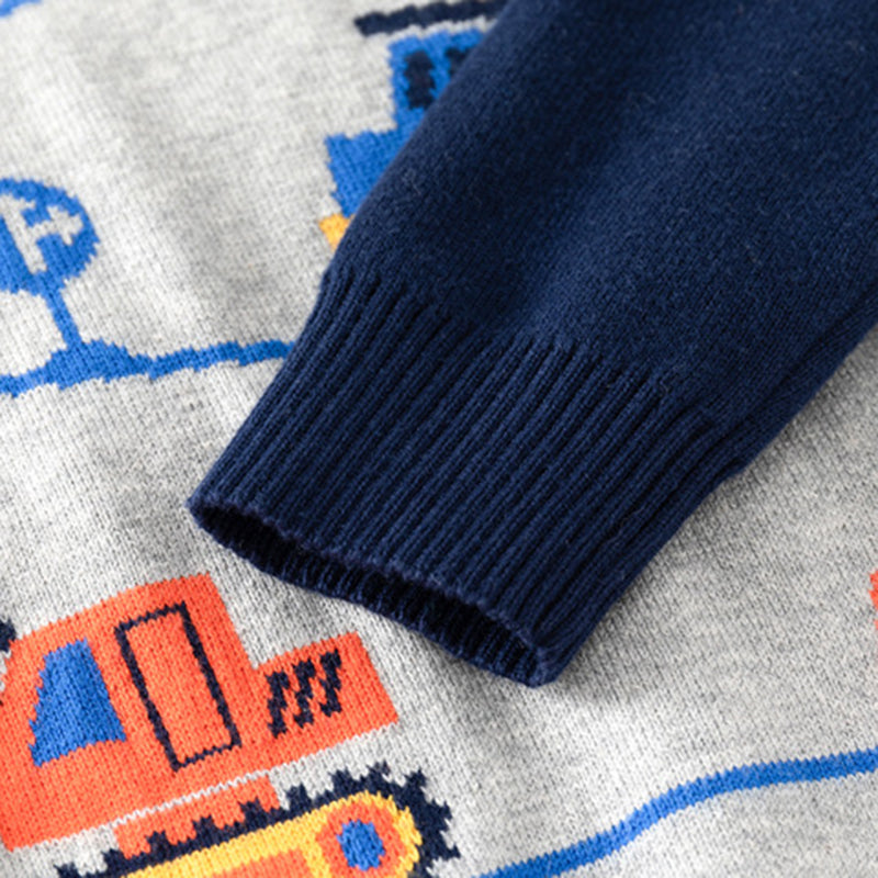 Boys Grey Regular Sweater With Self-Design Crane Patterns Sweaters & Cardigans