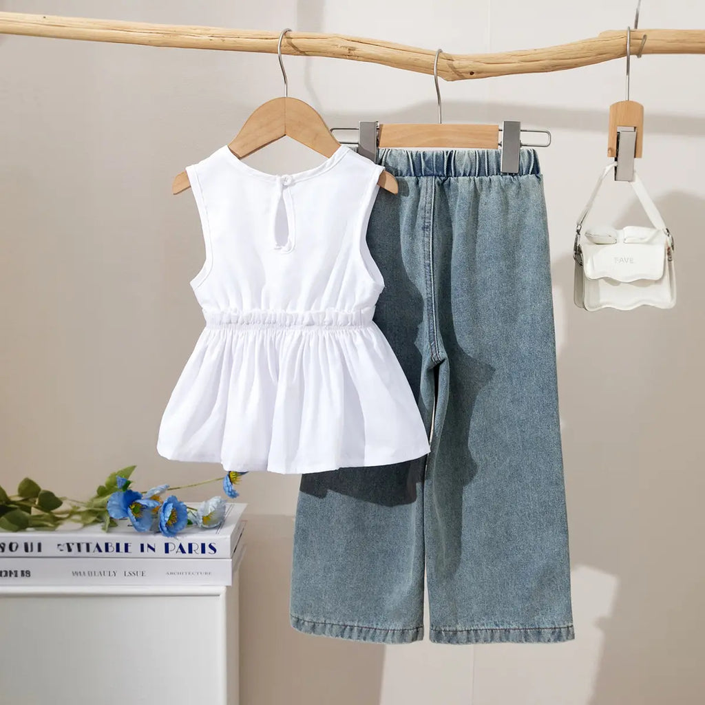 Girls White Sleeveless Peplum Top & Denim Pants With Butterfly Applique Sets Sets