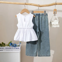 Girls White Sleeveless Peplum Top & Denim Pants With Butterfly Applique Sets Sets