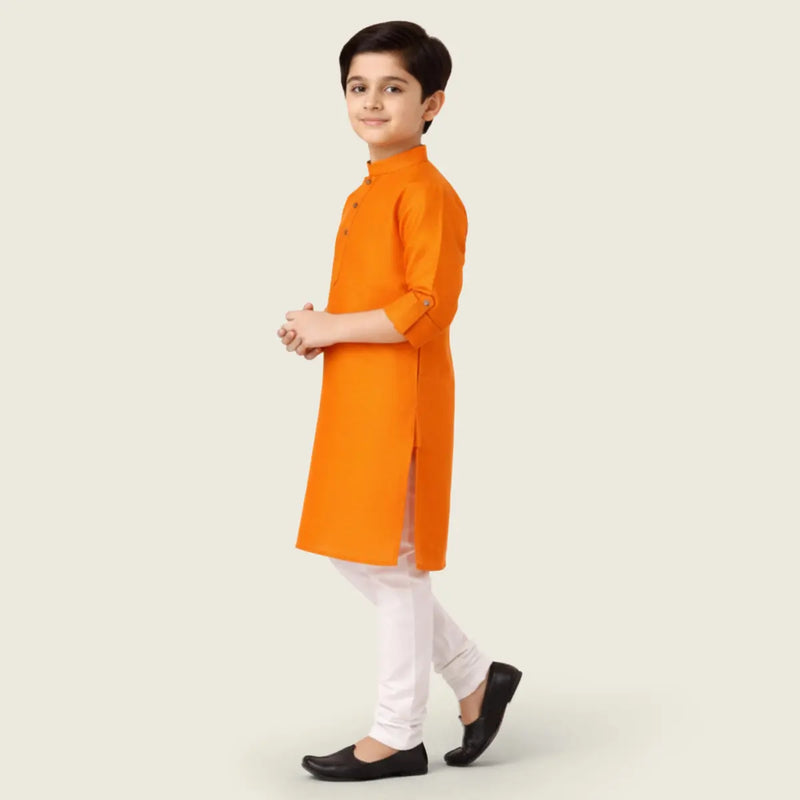 Boys Orange Ethnic wear Cotton Long Sleeve Kurta With Pyjama Set Ethnicwear Boys