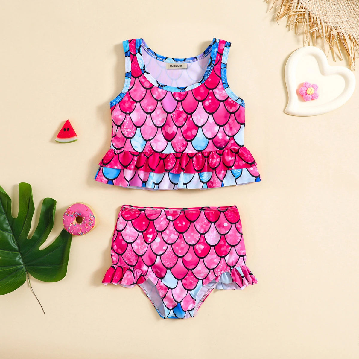 Girls Fuchsia Abstract Printed Peplum Top With Briefs Swimwear Sets Sets Fuchsia 1-2 Y