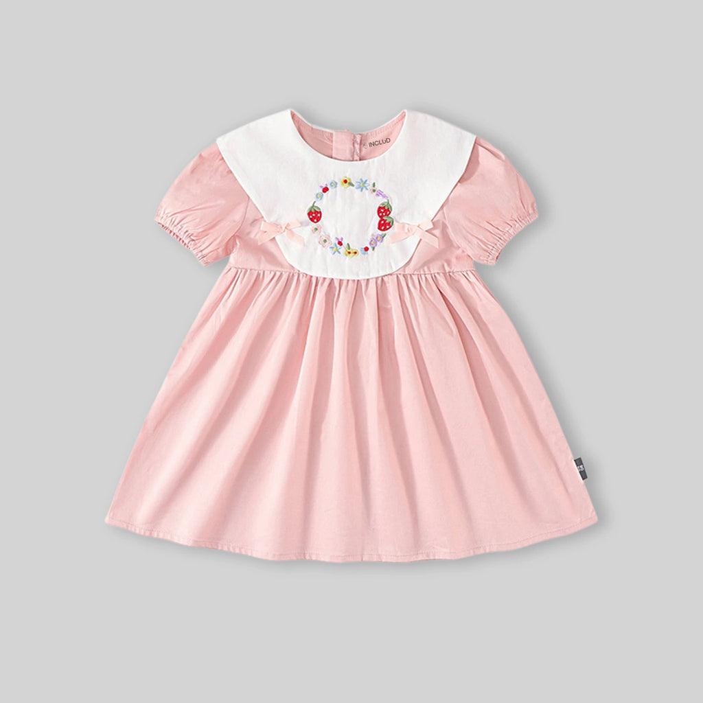 Girls Light Pink Floral Embroidered Peter Pan Collar Fit & Flare Dress Casual Dresses