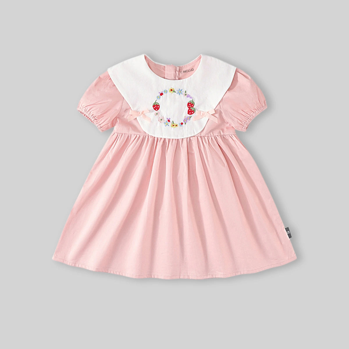Girls Light Pink Floral Embroidered Peter Pan Collar Fit & Flare Dress Casual Dresses