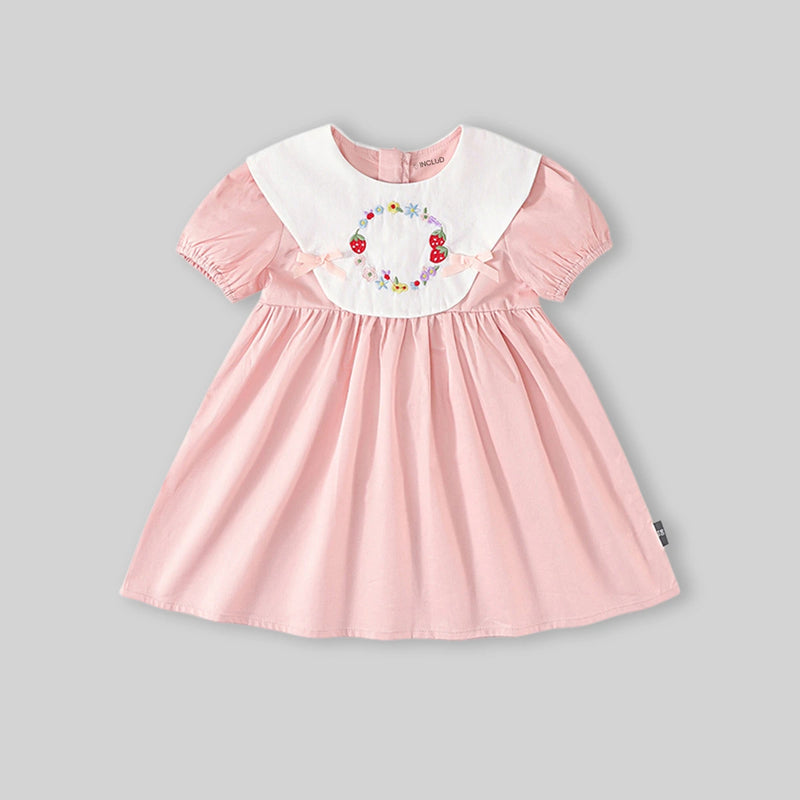 Girls Light Pink Floral Embroidered Peter Pan Collar Fit & Flare Dress Casual Dresses