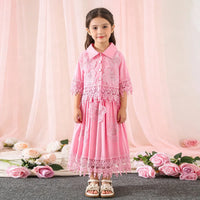 Girls Pink Floral Embroidered Top With Skirt Co-ord Sets Sets