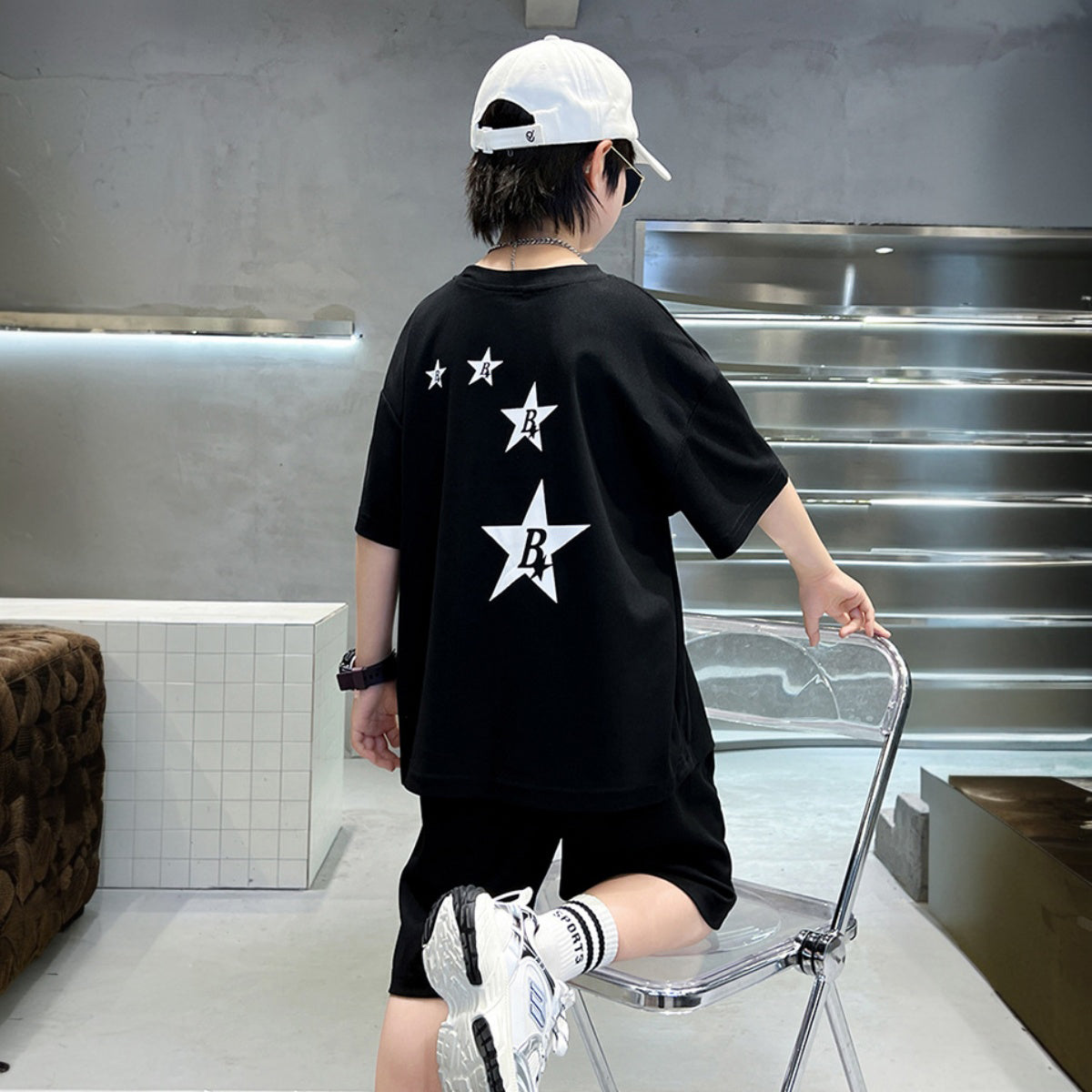 Boys Black Star Printed Summer Oversized T-Shirt With Shorts Set 2 pc. Sets