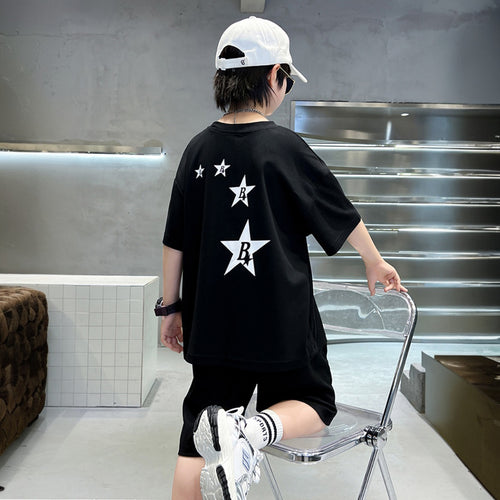 Boys Black Star Printed Summer Oversized T-Shirt With Shorts Set 2 pc. Sets