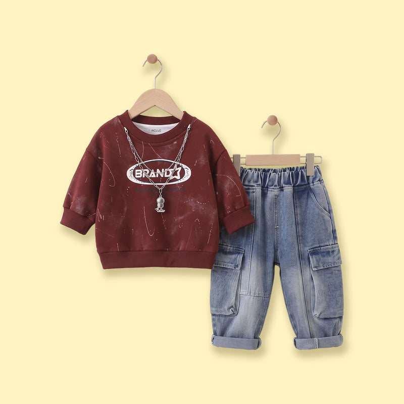 Boys Maroon Typographic Sweatshirt & Denim Cargo Pants Sets Sets Maroon 1-2 Y