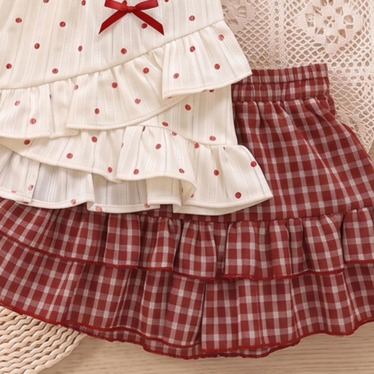Girls Cream Polka Dot Print Sleeveless Top With Skirt Sets 2 pc. Sets