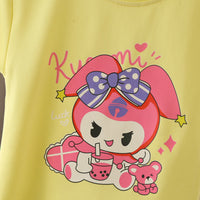 Girls Yellow Cartoon Printed T-shirt with Knitted Shorts Set Sets