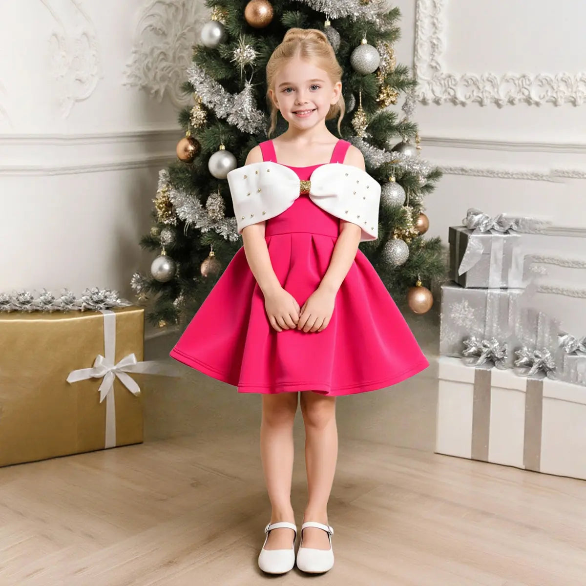 Girls Fuchsia Sleeveless Fit & Flare Party Wear Dress With Elegant Bow Detail Party Dresses