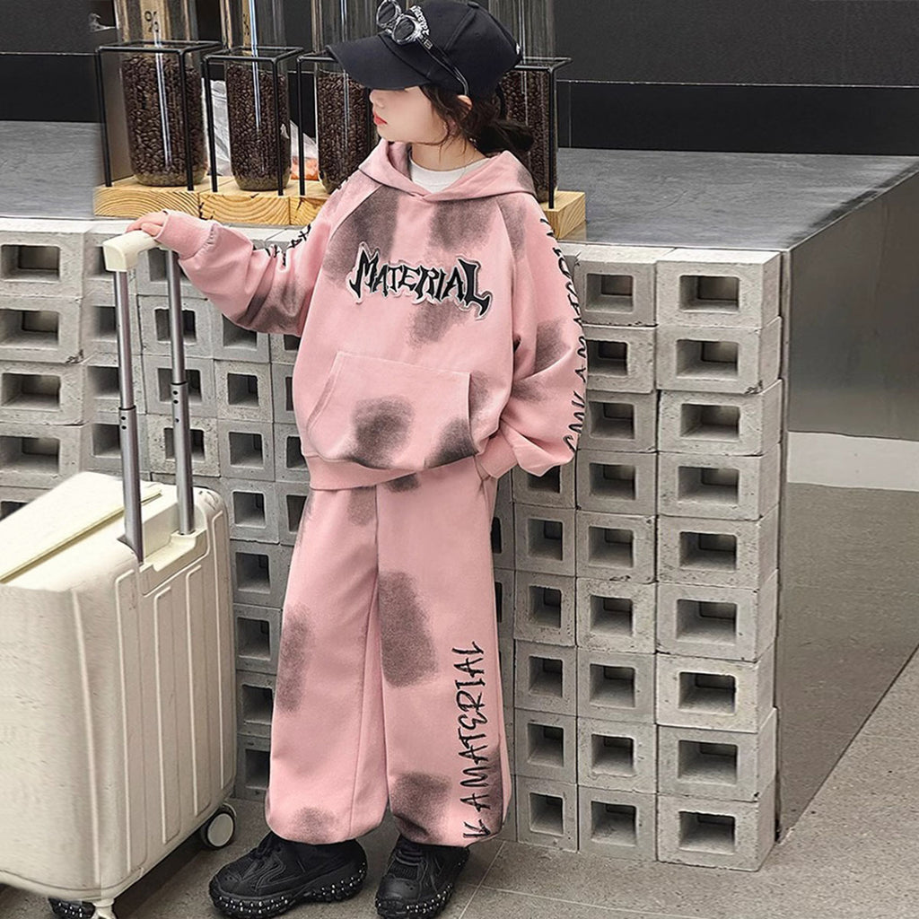 Girls Pink Abstract Printed Hooded Sweatshirt With Pants Winter Co-ord Set 2 pc. Sets Pink 5-6 Y