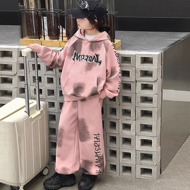 Girls Pink Abstract Printed Hooded Sweatshirt With Pants Winter Co-ord Set 2 pc. Sets Pink 5-6 Y
