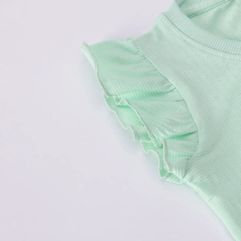 Girls Light Green Typographic Printed Top With Denim Shorts Sets 2 pc. Sets