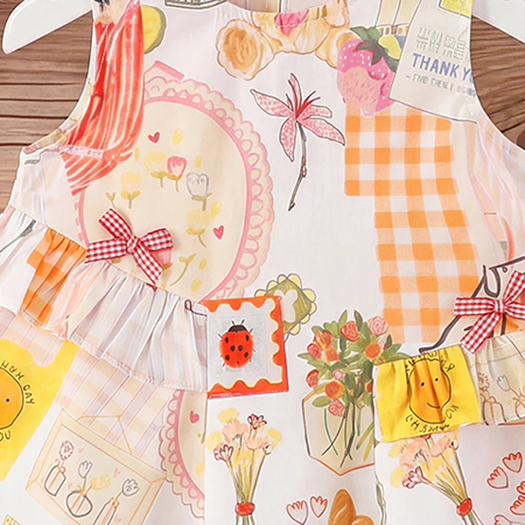 Girls Multicolor Graphic Sleeveless A-line Dress Casual Dresses