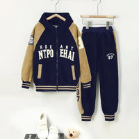 Boys Navy Blue Typographic Printed Hooded Zipper Jacket With Jogger Sets Sets