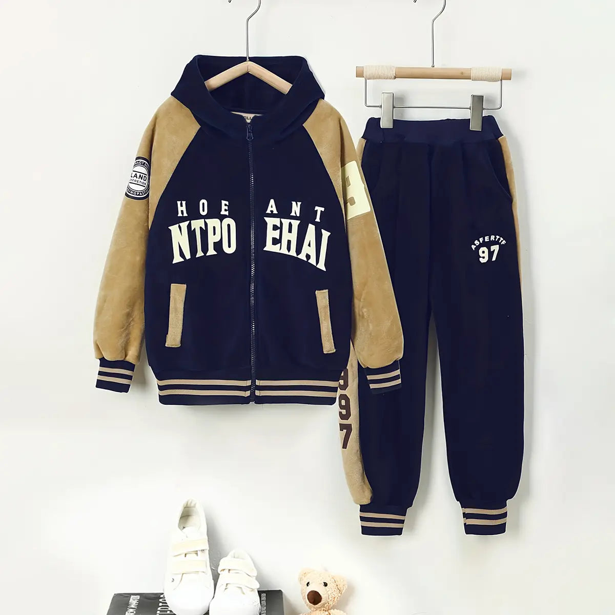 Boys Navy Blue Typographic Printed Hooded Zipper Jacket With Jogger Sets Sets