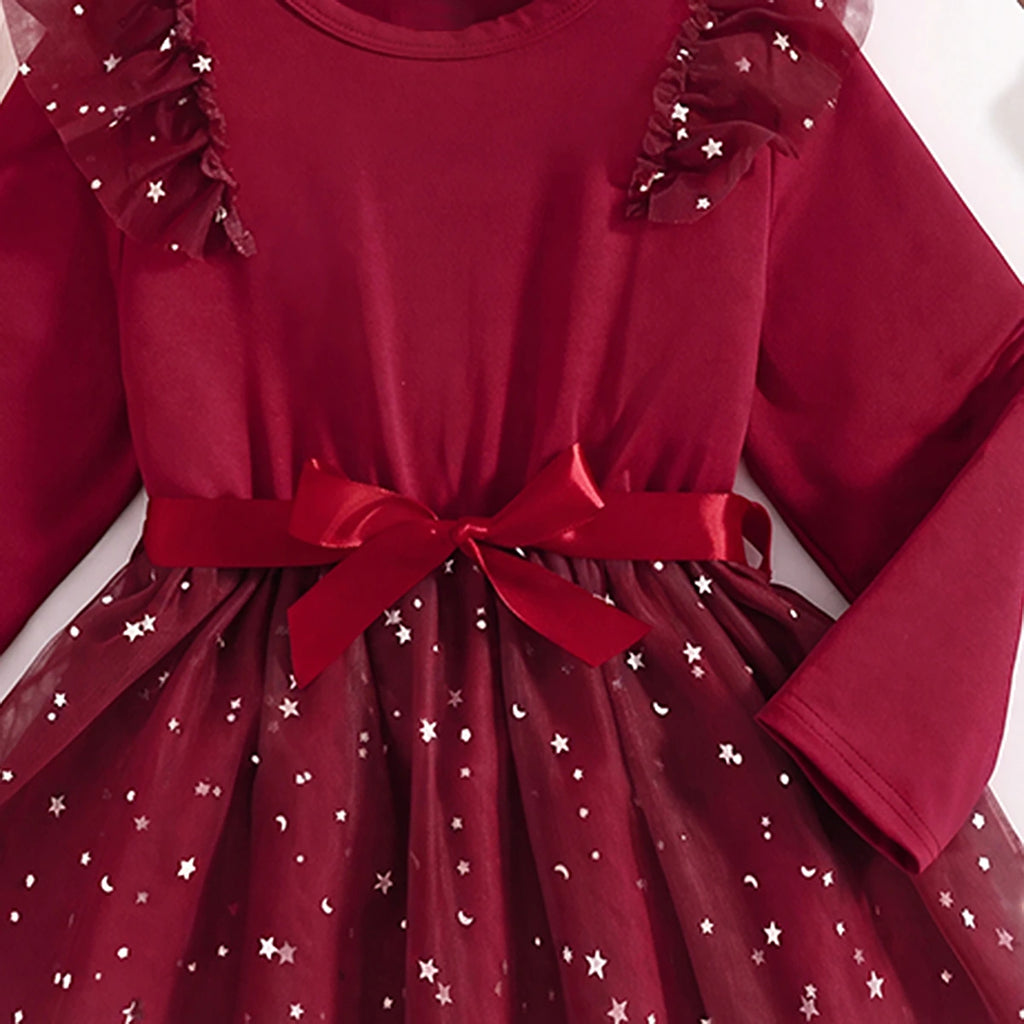 Girls Burgundy Star Foil Print Long Sleeve Fit & Flare Dress Casual Dresses