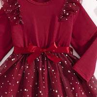 Girls Burgundy Star Foil Print Long Sleeve Fit & Flare Dress Casual Dresses