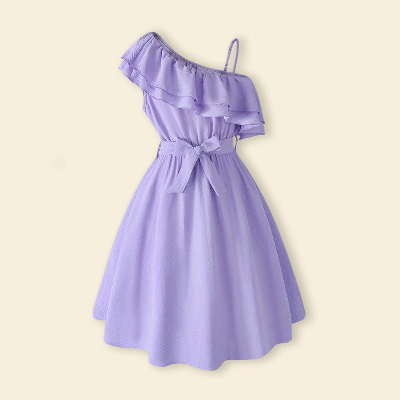 Girls Purple Ruffled One Shoulder Flared Dress Casual Dresses