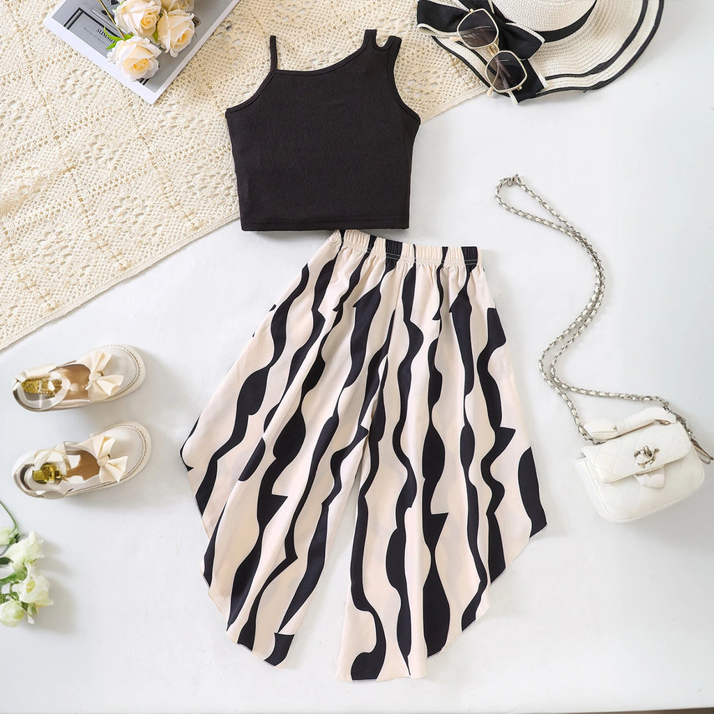 Girls Black Assymetric Neck Crop Top With Abstract Print Pant Sets Sets