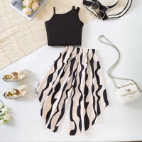 Girls Black Assymetric Neck Crop Top With Abstract Print Pant Sets Sets