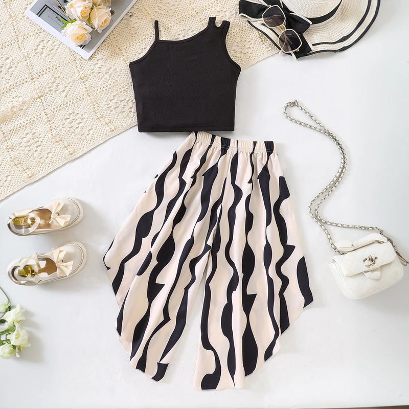 Girls Black Assymetric Neck Crop Top With Abstract Print Pant Sets Sets