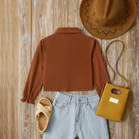 Girls Brown Embroidered Cuffed Sleeve Top Tops