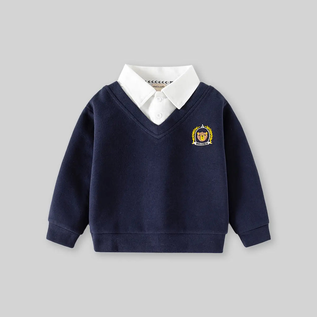 Boys Navy Blue Long Sleeves Sweater With Shirt Collar Sweaters & Cardigans